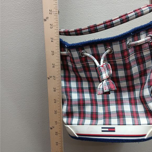 Vintage Tommy Hilfiger Plaid Drawstring Bucket Bag Shoulder Y2K Purse Red White - Picture 8 of 10